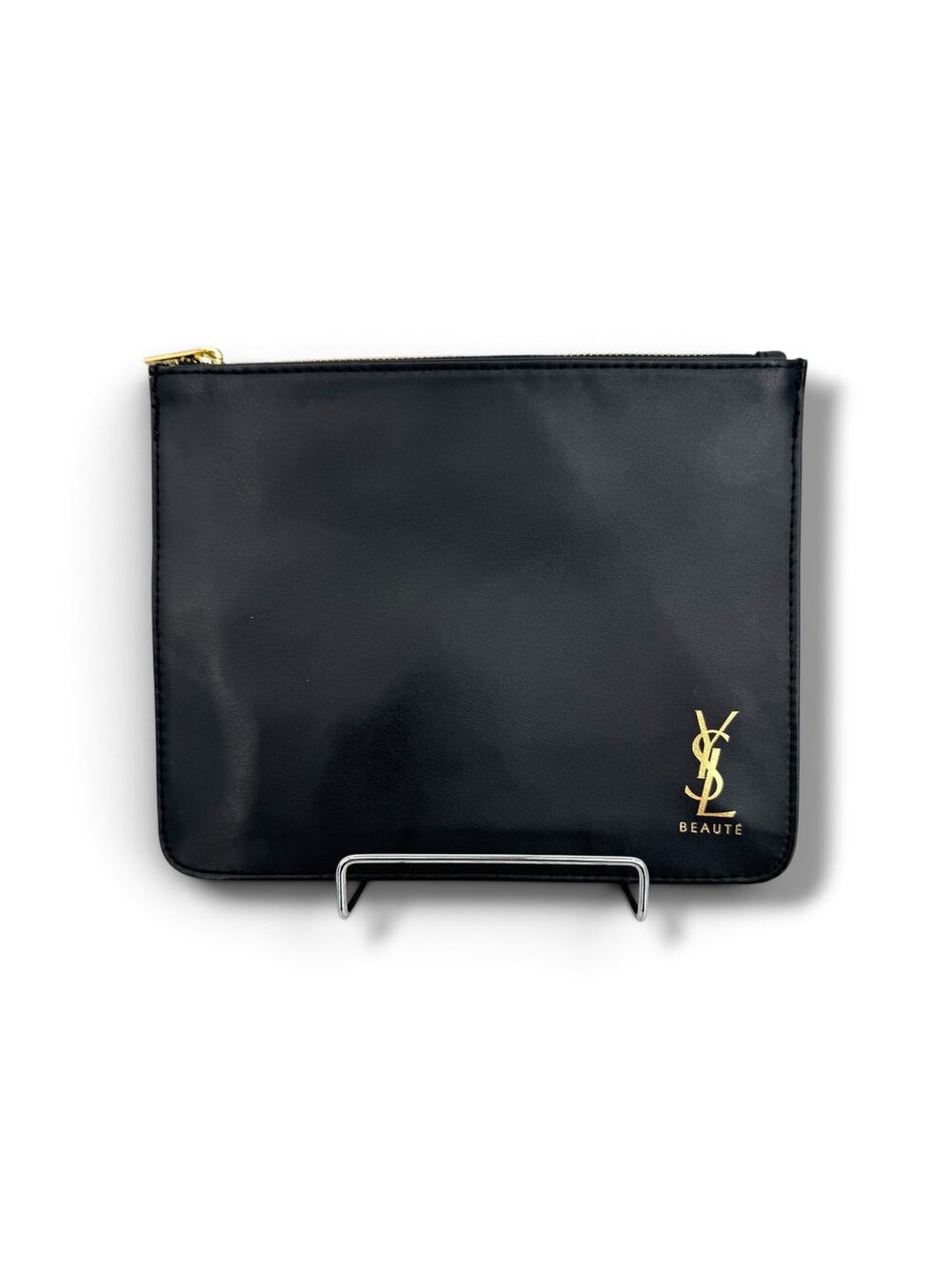 YSL Beaute make up cosmetic bag pouch logo vegan leather zipper black gold